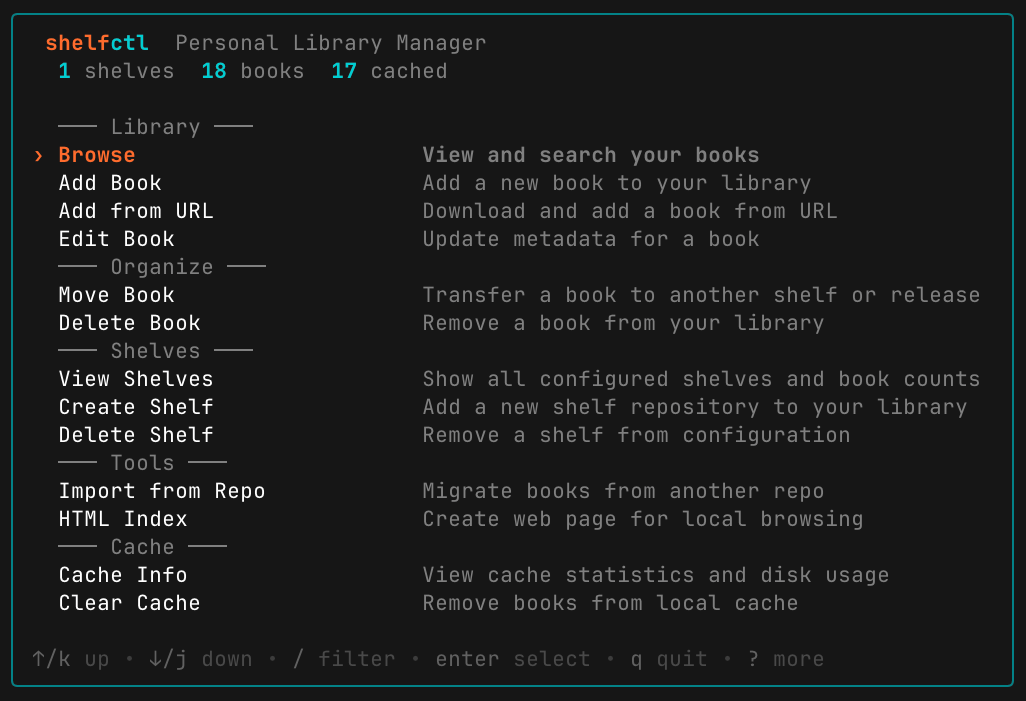 shelfctl interactive TUI hub